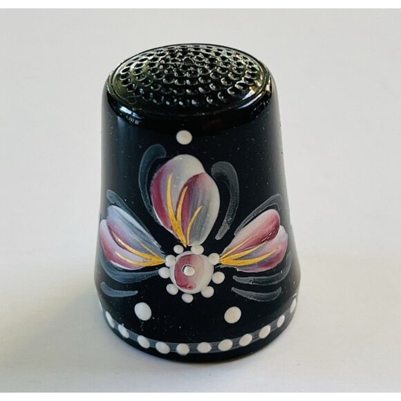 Black Floral Thimble Vintage Ceramic Hand Painted Flower Western Germany Gift - Picture 1 of 6